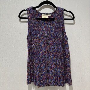 Anthropologie Maeve Medium Blue Sleeveless Pleated Button Down V Neck Blouse